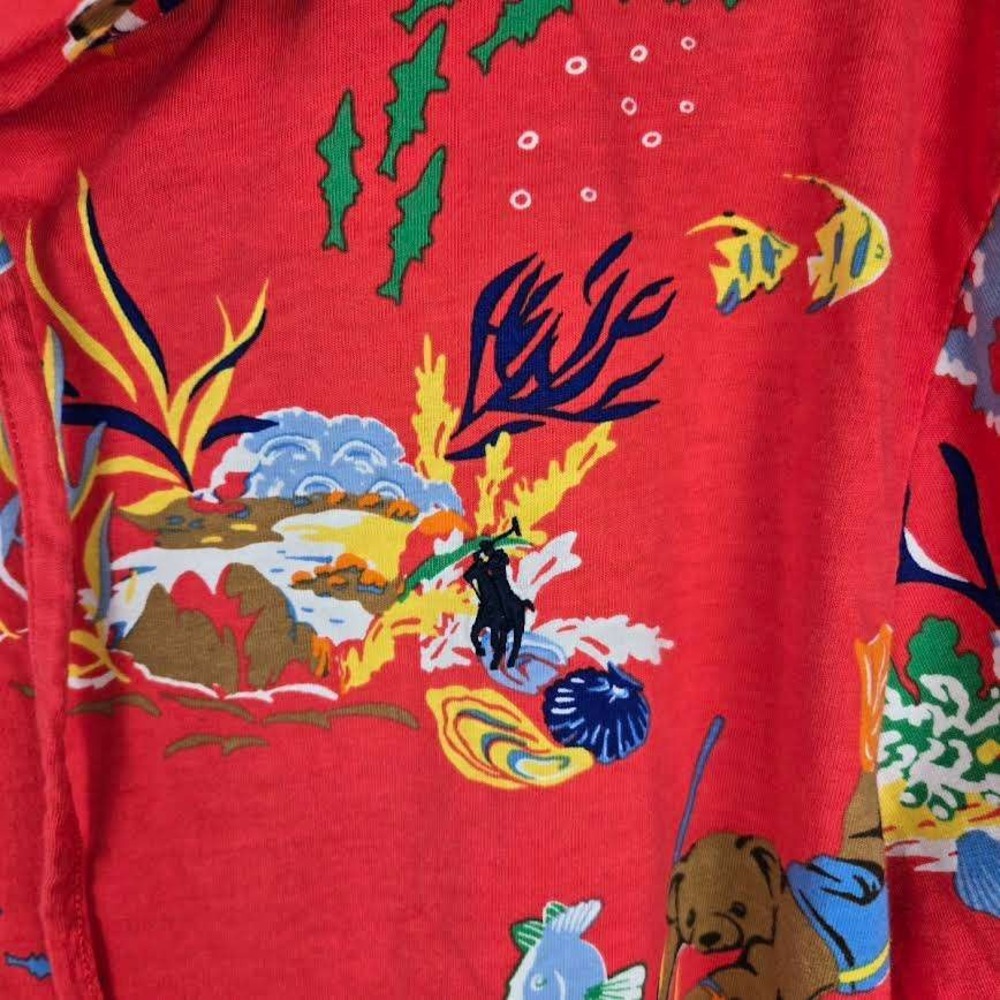 Polo Ralph Lauren Scuba Beach Bear XL Mens Tropical Print Hoodie Red Lightweight - Picture 5 of 8